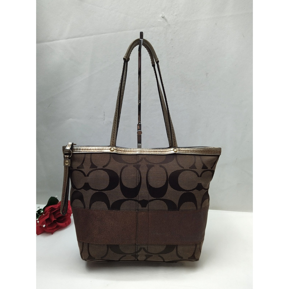 Coach Signature Brown Canvas Stripe Double Handles Zipper Closure Tote Bag